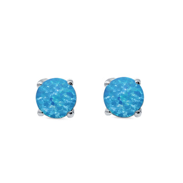 Round Solitaire Stud Earrings Lab Created Blue Opal 925 Sterling Silver 7mm